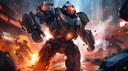 game characters. Action scene with soldiers in armor at war against invading monsters and aliens, science fiction. epic battle. High tech. AI generated image.