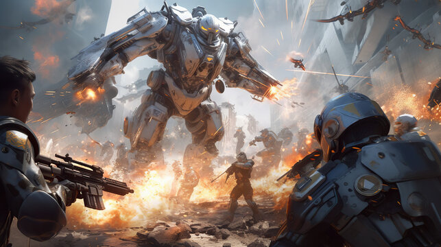 game characters. Action scene with soldiers in armor at war against invading monsters and aliens, science fiction. epic battle. High tech. AI generated image.