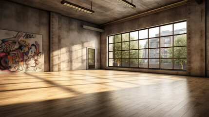 An empty room with a large painting on the wall. Generative AI. Street dance studio in urban loft room.