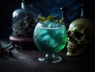 A Skull-inspired Cocktail Served on a Black Table in a Haunted Mansion During Moonrise, With Cold Blue and Green Tones, Halloween Drink Photography
