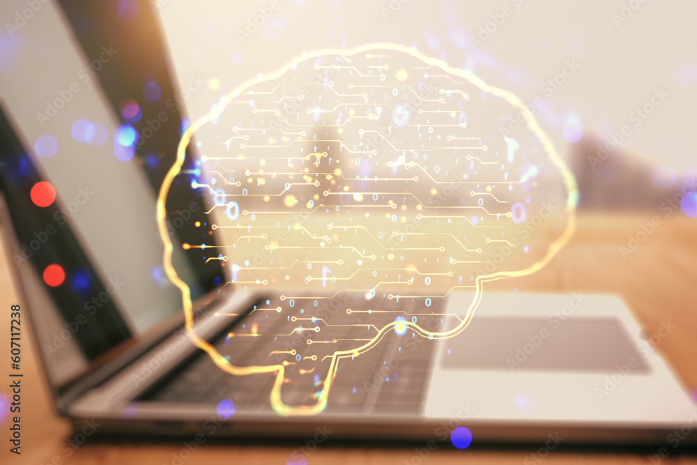 Poster double exposure of creative human brain microcircuit with computer on background. future technology 