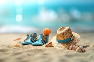 Fototapeta na wymiar hat and other beach element on the sand od sea