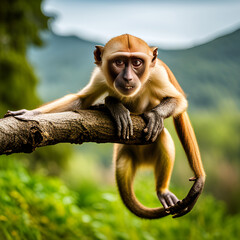 white tailed macaque sitting on a tree