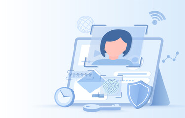 Safety, security, and protection concept. Protect sensitive data, passwords, financial details, personal data. Flat vector illustration with copy space.