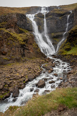 View of Rjúkandi waterfall aka Rjukandafoss in Jokuldalur valley at northeast Iceland.