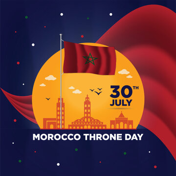 Morocco Throne Day Social Media Post Design, Independence Day of Morocco banner with retro abstract geometric shapes. Moroccan flag with landscape landmarks Vector Illustration 