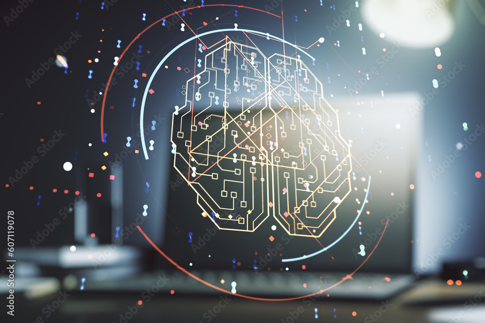 Poster creative artificial intelligence concept with human brain sketch on modern computer background. doub