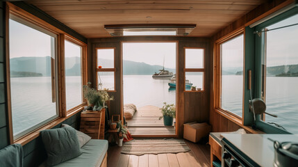 A living room filled with furniture next to a lake. AI generative. Tiny house, houseboat interior.