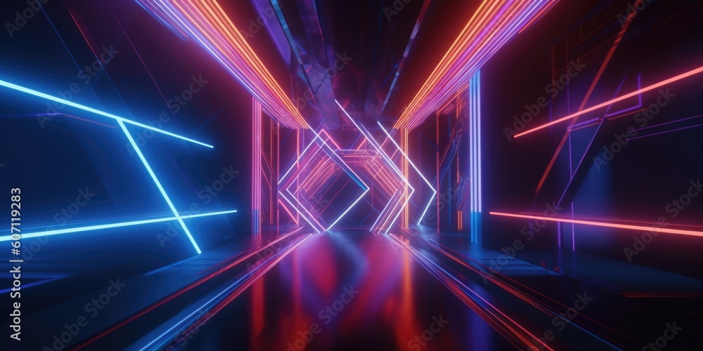 Poster 3d rendering of a futuristic background with geometric shapes and colorful neon lights. generative a