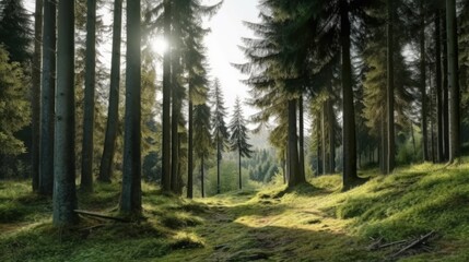 Forest with fir trees, moss and grass on the ground