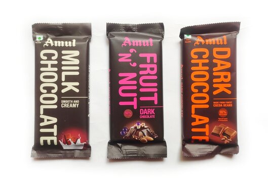 Guwahati, Assam, India - March 22, 2023 : Variety of Amul chocolate brands - Milk chocolate, Fruit and Nut, Dark Chocolate.