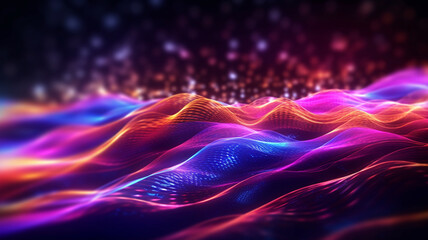 Dynamic Futuristic Background with Vibrant Neon Wave Lines and Glowing Bokeh Lights, Embracing the Essence of Data Transfer. Generative AI