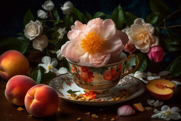 Obraz na płótnie Canvas Tea cup with peach fruits and peony flowers. Generative AI illustration