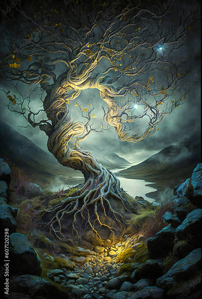 Poster a twisted dried tree trunk in a dark, misty, mysterious place. created with generative ai technology