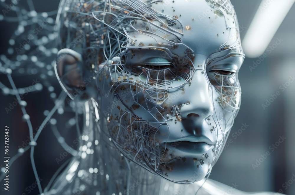 Poster illustration of a beautiful female android head. robotic and artificial intelligence concept. create