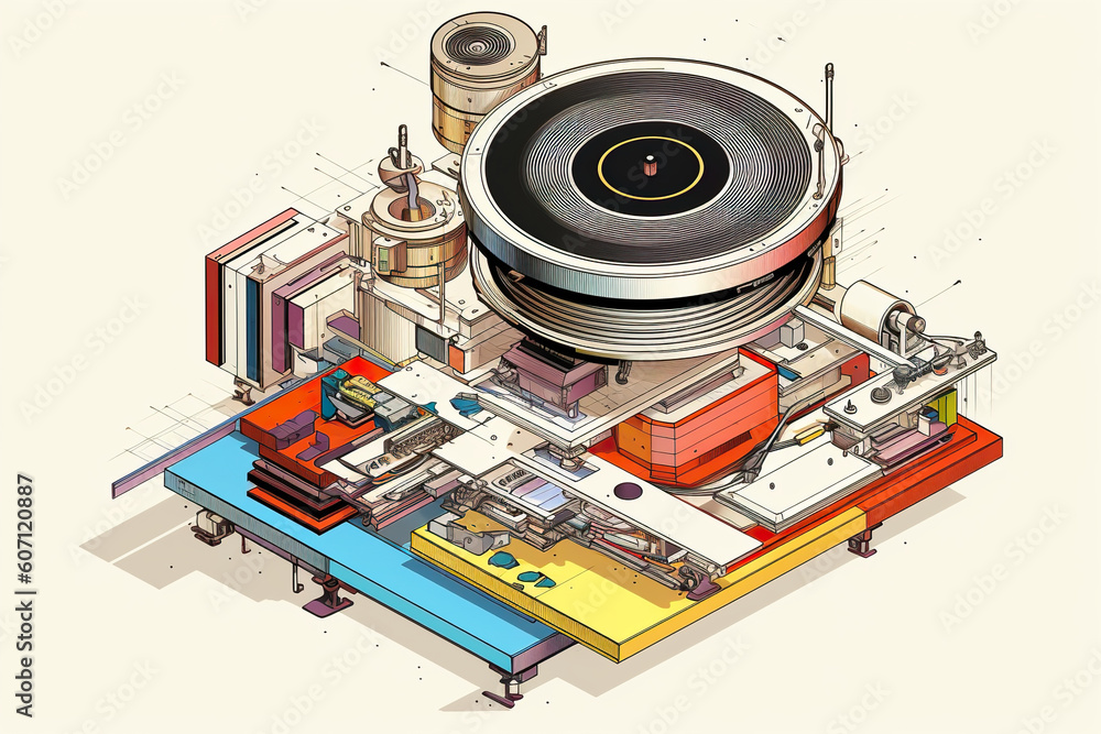 Poster a drawing of a machine with a disc on top of it. generative ai.
