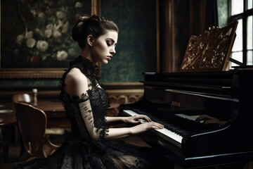 A young woman in a long black dress playing piano. Gothic illustration. Created with Generative AI technology.