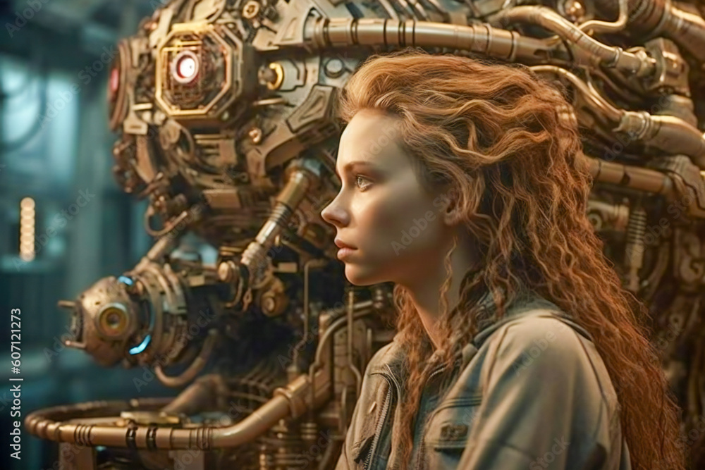 Poster imaginative conceptual illustration of a young woman and a robot or android. created with generative