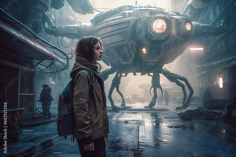 Poster concept illustration of a young woman and a robot in an urban setup. created with generative ai tech