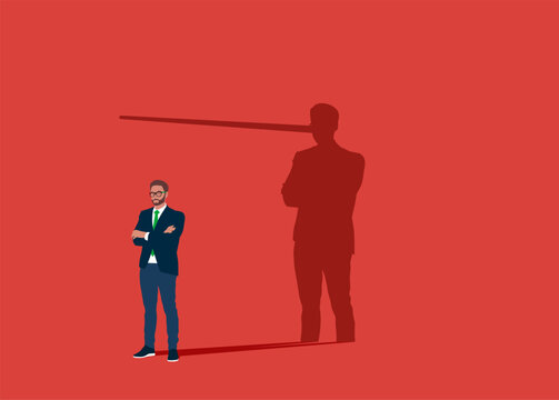 Businessman or politician with long nose lier talk about fake news. Politician lies about truth. Flat vector illustration