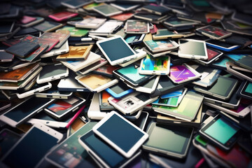 stack of old used and renewed mobile phones. planned obsolescence and recycle concepts. generative ai