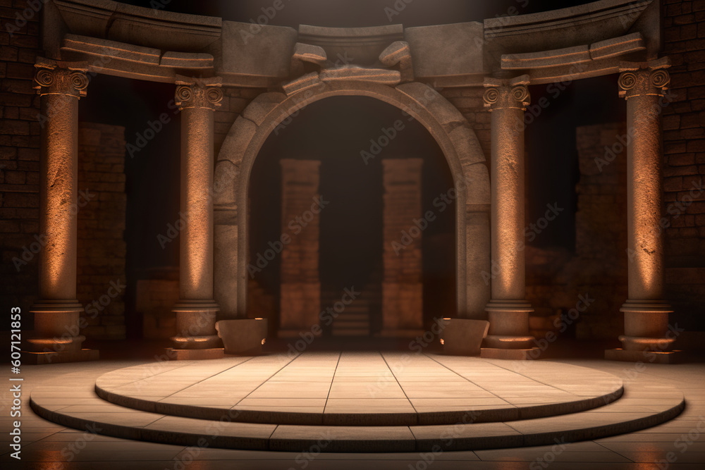 Poster An empty stage with ancient stone columns and lights. Generative AI image.