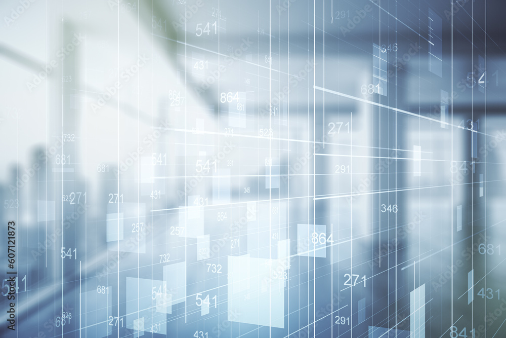 Poster multi exposure of creative statistics data hologram on empty modern office background, stats and ana