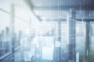 Multi exposure of creative statistics data hologram on empty modern office background, stats and...