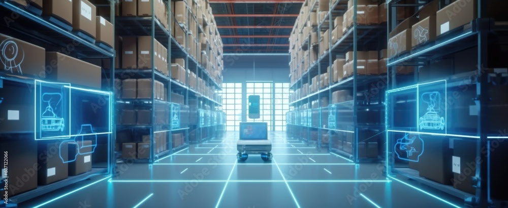 Poster smart warehouse with transporter robots and holographic dashboard. generative ai aig21.