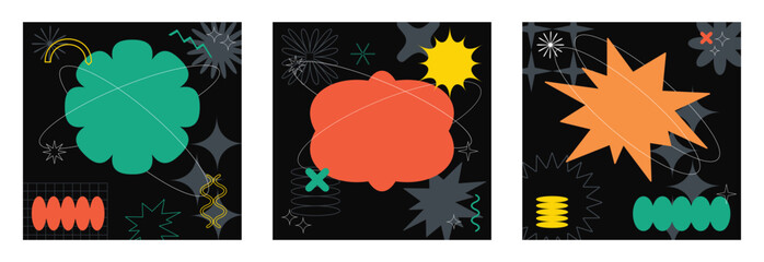 Vector set of trendy abstract retrowave, futuristic and Y2k style card illustrations with memphis geometric shapes. Retro 90s Pop Art Backgrounds for package design, textile, fashion, fabric print