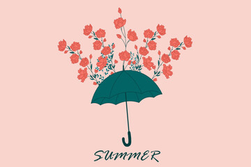 Blue umbrella with flowers. Hello Summer