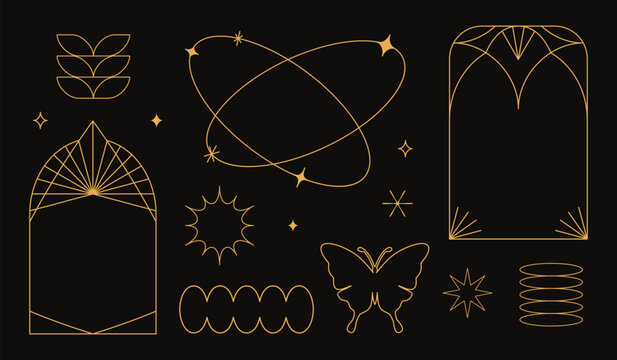Vector set of linear minimalistic aesthetic frames, borders, geometric shapes with stars in boho and funky 2yk style. Rectangular, arch elements for social media, decoration, logo design template