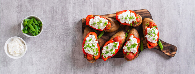Bruschetta on rye bread with ricotta, pepper, tomato and green onion  top view web banner