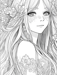 Beautiful girl face for adult coloring page.