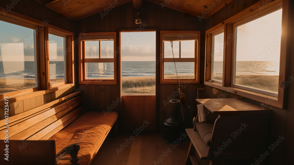 Poster a room with a bench and a view of the ocean. ai generative. tiny house interior concept image.