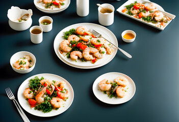 Fresh Mixed seafood on table, with a black background. Appetizing seafood on the table in a luxurious restaurant. Delicious fresh from the ocean gourmet dinner. Generative AI, illustration