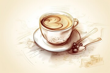 Coffee still life illustration, drawing in sepia color, on a white background