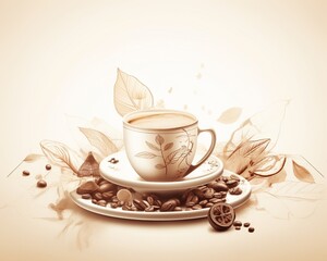 Coffee still life illustration, drawing in sepia color, on a white background