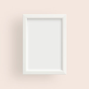 White realistic rectangular blank frame on a light background. Blank photo frame mockup template.