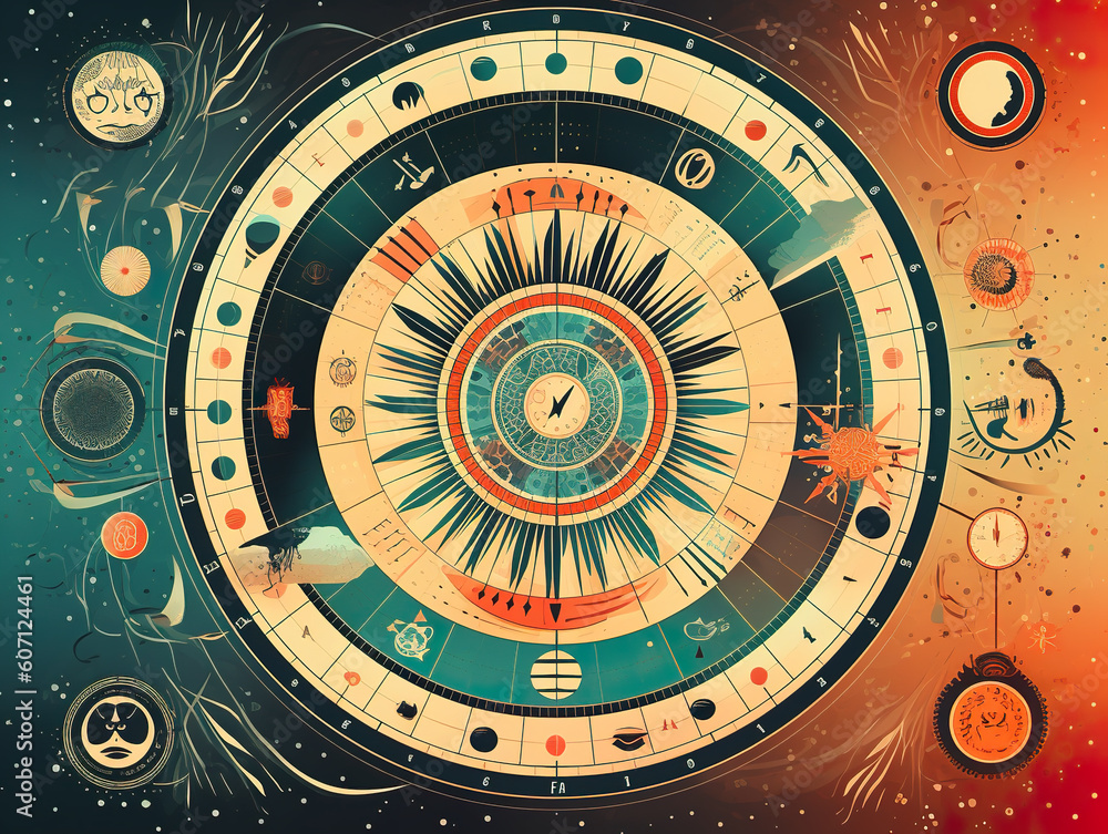 Poster a clock with a lot of different symbols around it. generative ai.