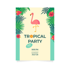 Tropical Hawaiian party invitation with flamingos, oranges, palm leaves and exotic flowers.