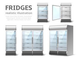 Realistic fridges. Industrial and store empty refrigerators for beverages, metal lattice shelves and glass swing doors, open and closed, 3d isolated elements, utter vector set - obrazy, fototapety, plakaty