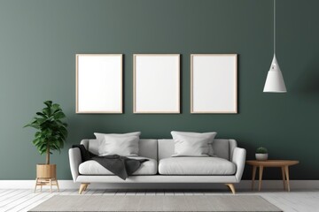 Stylish living room interior design with mock up poster frame. Green wall. Sofa, plants and creative home accessories. Home staging. Scandi desidn. Template. Copy space. Ai Generative