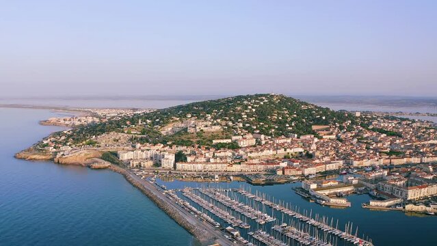 Aerial panoramic of Mont Saint Clair, and the port of Sète, in Occitanie, France