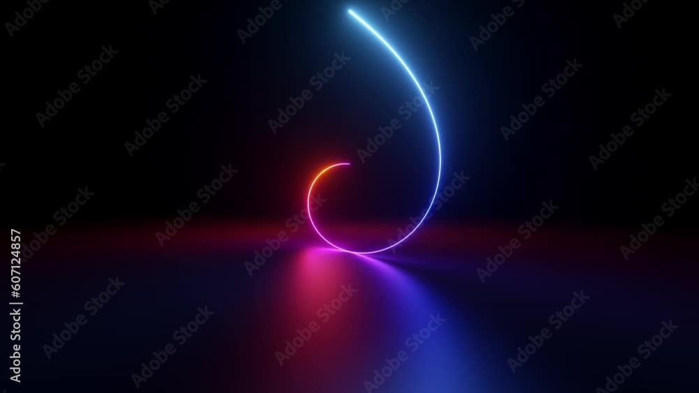 Poster looping 3d animation, abstract neon background with curly spiral line spinning and rotating