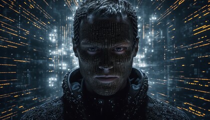 Hacker man in dark mask, computer genius and cyber criminal on symbols background. Generative AI