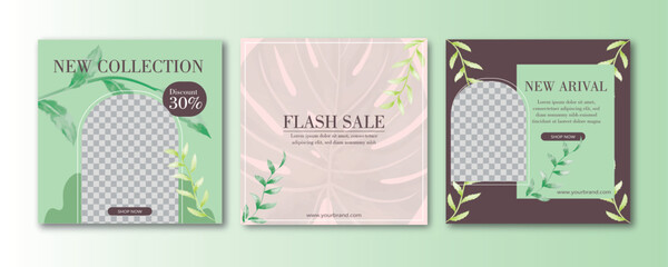 Trendy abstract square art templates with floral and geometric elements. Suitable for social media posts, mobile apps, banners design and web/internet ads. Fashion backgrounds.