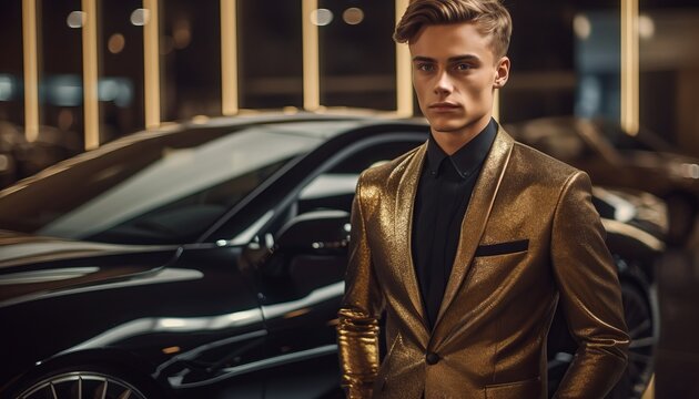 The image of a rich and spoiled young businessman in an expensive gold suit against the backdrop of a sports car, a male official from politics. Generative AI