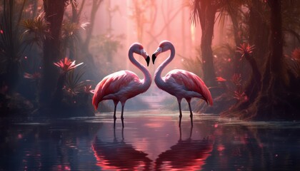 Two pink flamingos in love on a blooming pond. A pair of beautiful birds near the lake. Created with AI.
