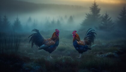 Two fighting cocks in the evening foggy forest. Generative AI. - obrazy, fototapety, plakaty